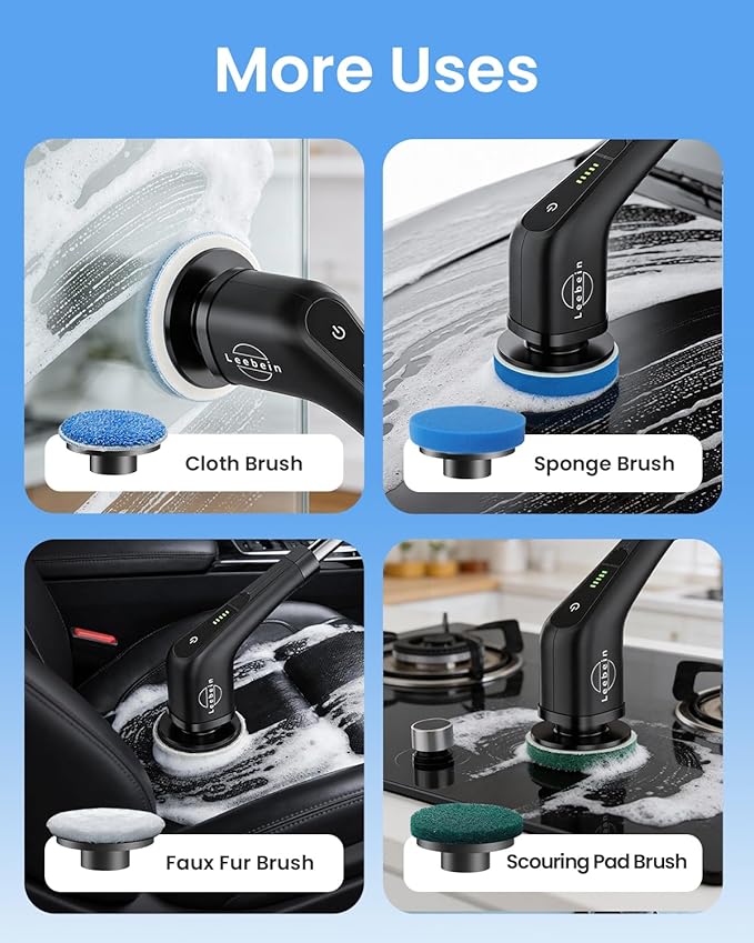 Leebein Electric Spin Scrubber, Cordless Cleaning Brush with 8 Replaceable Brush Heads, Tub and Floor Tile Power Scrubber Dual Speed with Adjustable & Detachable Handle for Bathroom Tub (All Black)