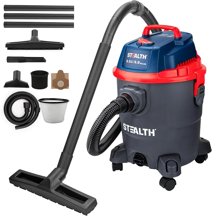 Stealth Wet/Dry Vacuum 5 Gallon, 5.5 Peak HP Shop Vacuum with Blower & Drain Port for Home Clean, Garage Clean, Car Deta