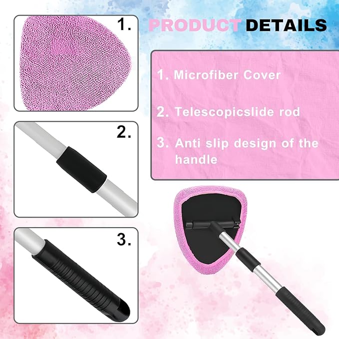 Windshield Cleaning Tool, Car Window Cleaner with Extendable Handle, 4 Microfiber Pads and Spray Bottle, Auto Interior Exterior Glass Wiper Cleaning Kit Universal for RV, SUV, Truck (Pink)