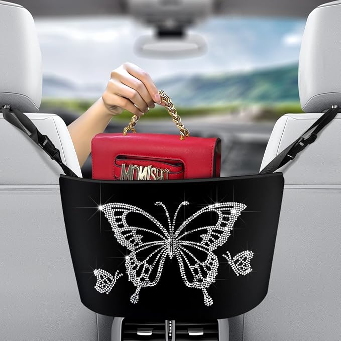 Rhinestone Leathe Purse Net Pocket Handbag Holder - Bling Netting Bags for Car, Pet, Kids Barrier (Black)