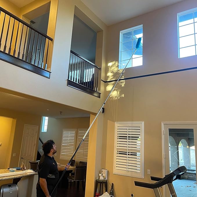 30 Foot High Ceiling Fan Duster with 6-24ft Extension Pole, Extendable Reusable Cobweb, Feather, Window Cleaning Squeegee Kit
