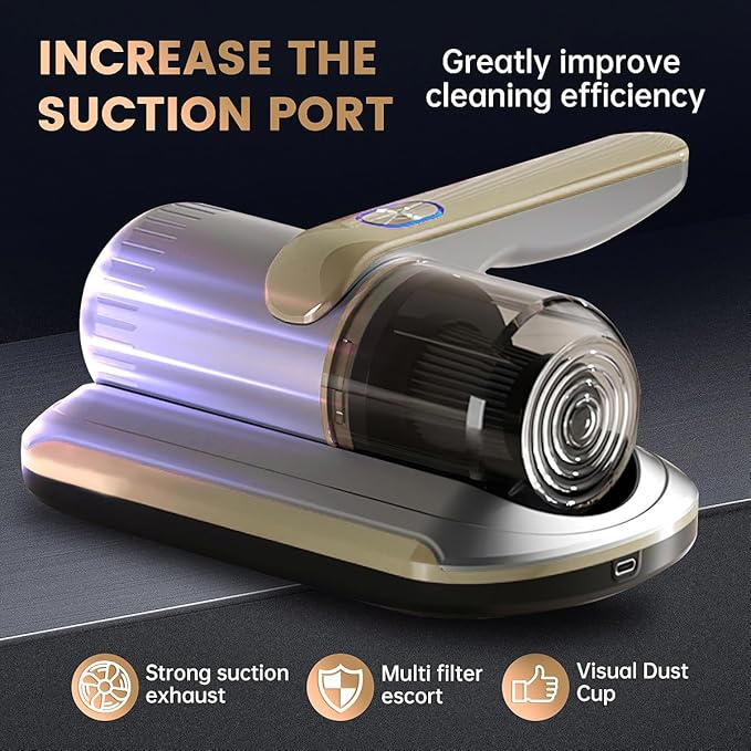 PATO Mattress Vacuum Cleaner, Wireless Handheld Bed Vacuum Cleaner with UV-C Light, HEPA Filter and Ultrasonic Vibration, 12KPa, Suitable for Beds, Sofas, Car Seats, Carpets (Golden)