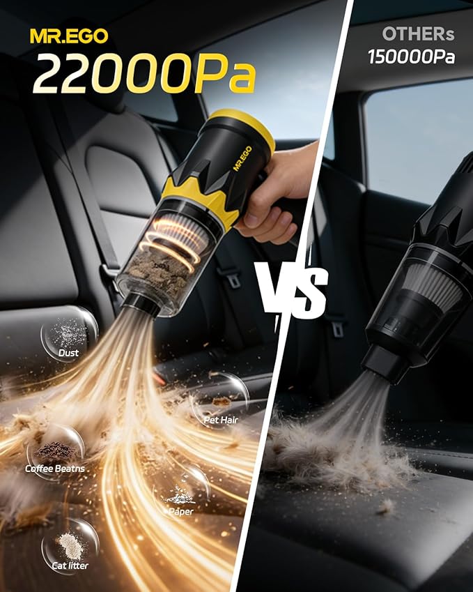 Mr.ego Car Vacuum Portable Cordless, 22000Pa High-Power Suction Handheld Vacuum & Air Duster with Brushless Motor, Multi-Nozzles, Washable Filter & Type-C Charging for Car, Home, Office, Pet Hair
