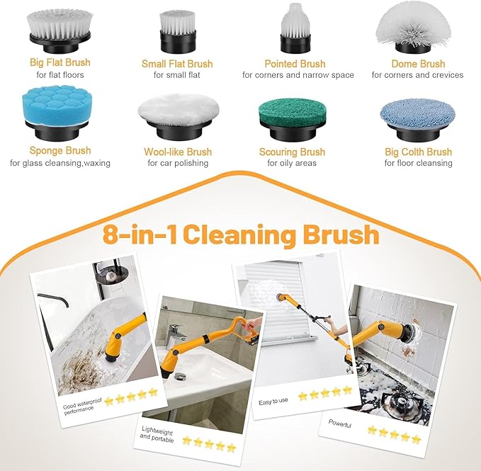 1500 RPM Electric Spin Scrubber for DeWalt 20V Battery, Power Shower Scrubber for Bathroom/Floor/Bathtub/Toilet/Tile,Electric Cleaning Brush with Long Handle & 8 Replaceable Brush (Yellow)