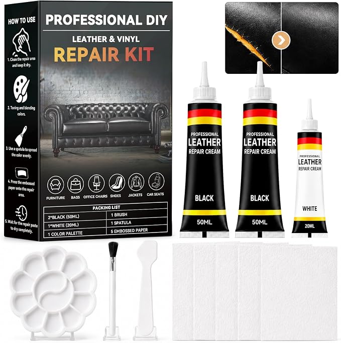 Black Leather Repair Kit, Vinyl Repair Kit Repairs Scratches, Cracks, Holes on Car Interiors, Furniture, Jacket, Sofa, C