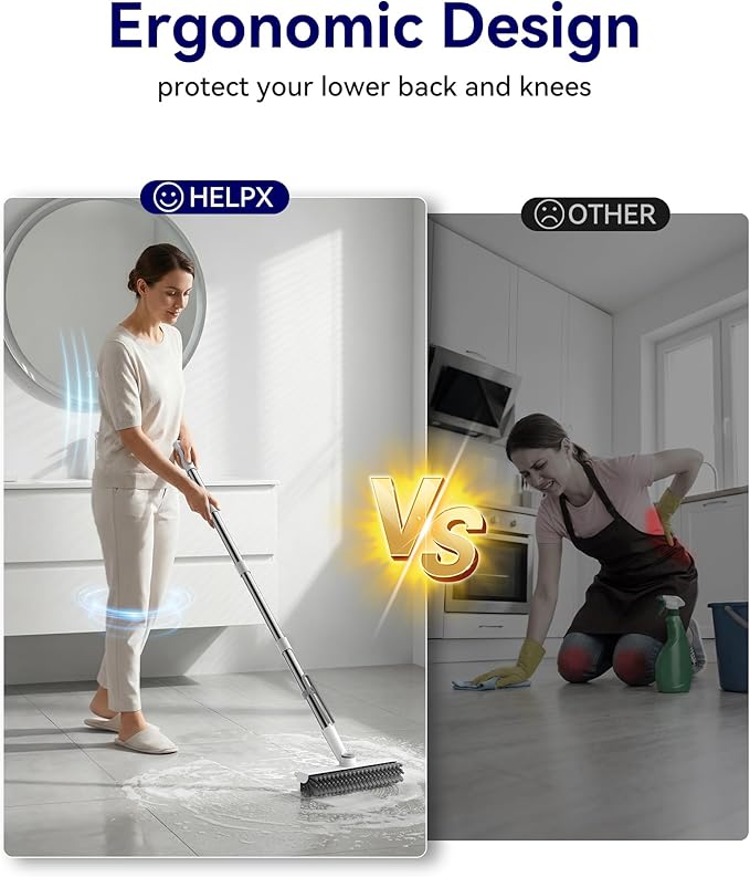 Small Floor Scrub Brush with Length Adjustable Long Handle, 3 in 1 Heavy-Duty Stiff Bristle Scrubber Brush with Squeegee and Tweezer for Cleaning Bathroom, Tile, Deck, Patio, Garage and Kitchen
