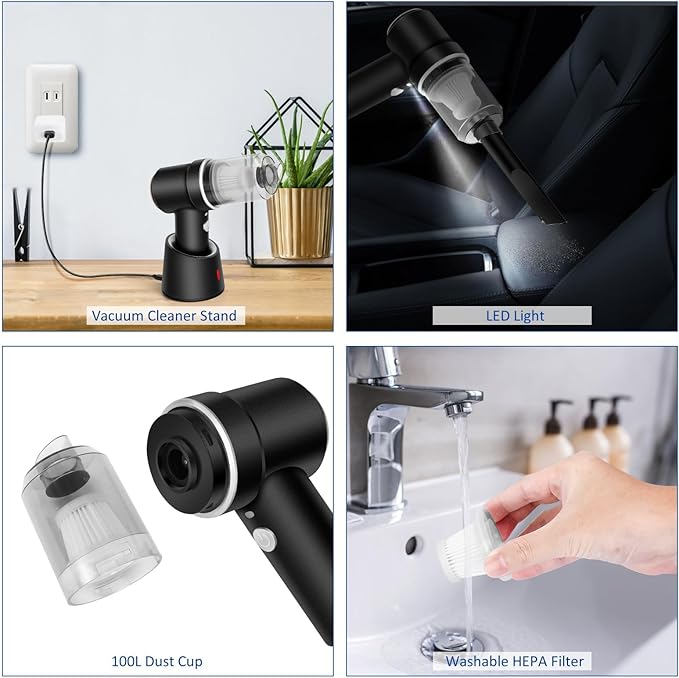 8Kpa Mini Handheld Vacuum Cleaner,120W High Power Cordless Car Vacuum, 2 in 1 Keyboard Vacuum & Air Duster with LED Light & Multi-Nozzles for Car, Computer, Sewing Machine