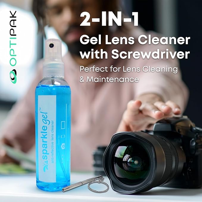 Sparkle Anti-Reflective Safe Gel Lens Cleaner & Repair Kit – (2) 2oz Glasses Cleaner Spray, (2) Microfiber Cloth & Keychain Screwdriver for Eyeglasses, Lenses & Screens (5 Piece Set)