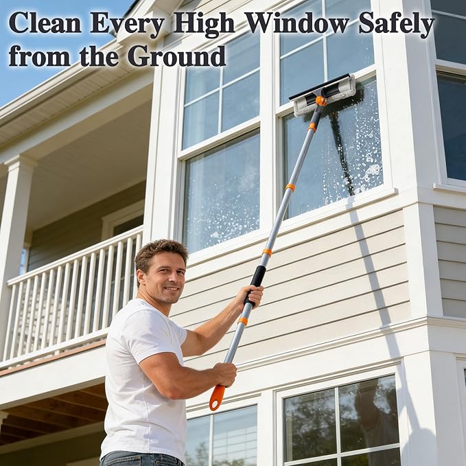 MASTERTOP 64”Window Squeegee with Extension Pole, 2-in-1 Professional Window Glass Cleaner Tool,Microfiber Cloth Window Washer Tool, Home Window Squeegee for Glass, Tile, Mirror