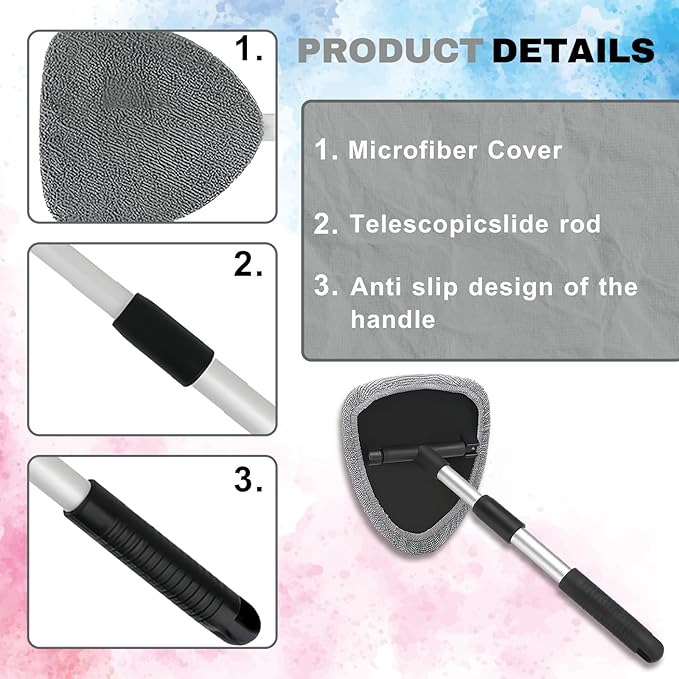 Windshield Cleaning Tool, Car Window Cleaner with Extendable Handle, 4 Microfiber Pads and Spray Bottle, Auto Interior Exterior Glass Wiper Cleaning Kit Universal for RV, SUV, Truck (Gray)