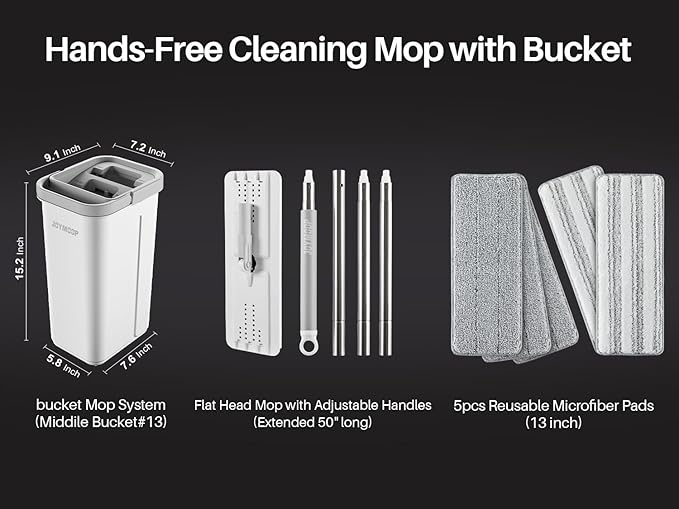 JOYMOOP Flat Mop System, Microfiber Mop and Bucket Set, White, Hands-Free Wet and Dry Floor Cleaning for Household and Commercial Use, Includes 5 Washable Pads