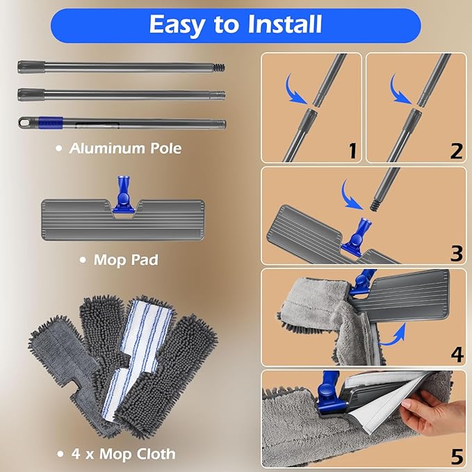MASTERTOP Microfiber Dust Mop,Double-Sided Flat Mops for Hardwood Floors with 4 Reusable Mop Pads, Floor Mops with Stainless Steel Handle and Extension, Cleaner for Hardwood, Vinyl, Laminate, Tile