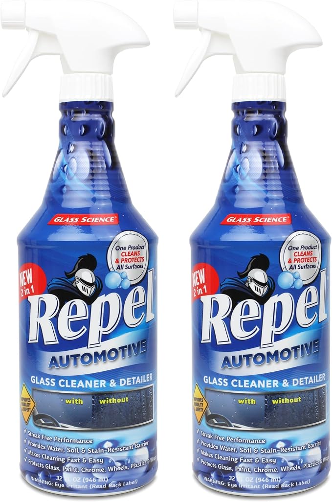 Repel Auto Glass Cleaner, Streak-Free with Protective Nano Barrier. Minerals, & Grime. Makes Glass Self-Cleaning. Safe &