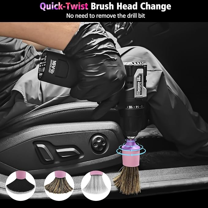 3Pcs Car Detailing Drill Brush Set with Drill Brush Attachment Head, 1P Ultra Soft No Scratch Car Drill Brush for Air Vent Leather Seat, 1P Boars Hair & 1P Detailing Brushes for Interior Exterior,Pink