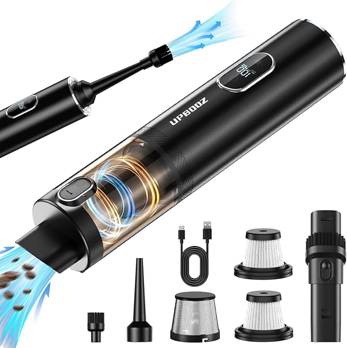Upbooz Handheld Vacuum Cordless, Car Vacuum with 14000PA Powerful Suction with LED Light, Air Duster 2-in-1,Low Noise Rechargeable Portable Mini Vacuum Cleaner for Car Home Pet Office,Two Gears Black