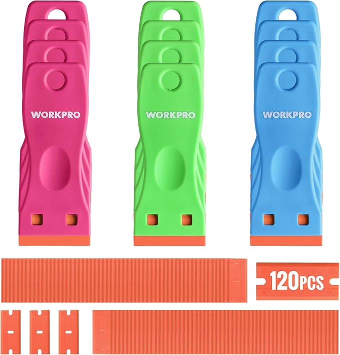 WORKPRO 12-Piece Plastic Razor Blade Scraper with 120 Pcs Plastic Razor Blades, for Gasket Remover, Labels Decal and Adhesive Remover for Windows and Glass