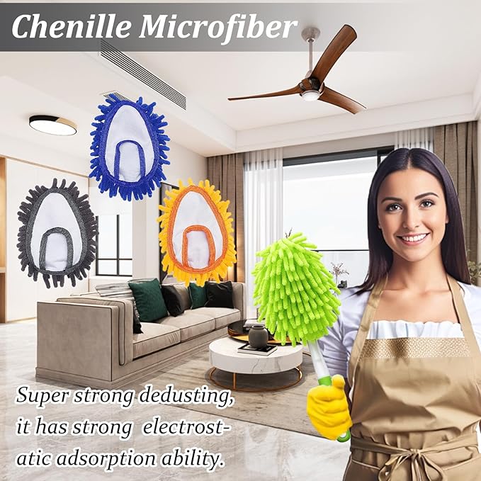 13 Inch Microfiber Feather Duster,with 4 pcs Washable Duster Head, Car Duster, Perfect for Cleaning Windows, Tables, Cars,Furniture, Walls, Fans, Screens