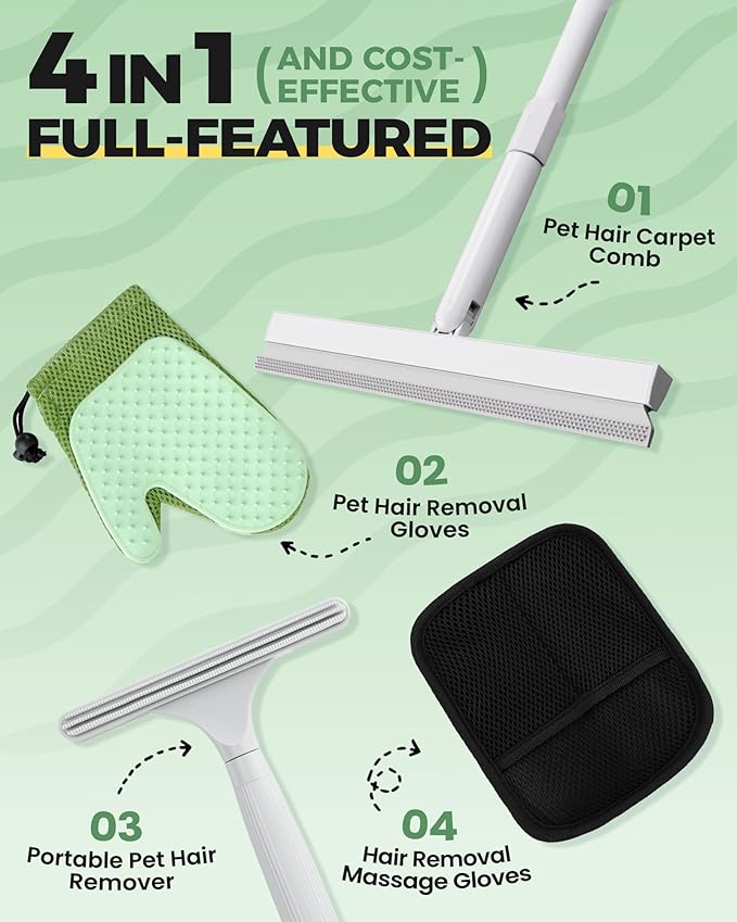 Carpet Rake for Pet Hair Removal Tool - 4 in 1 Pet Hair Remover Kit for Dog Cat Fur Remover, Contain 60" Adjustable Rubber Broom, Glove, Magic Brush and Scraper for Furniture,Short Pile Carpets, Mats