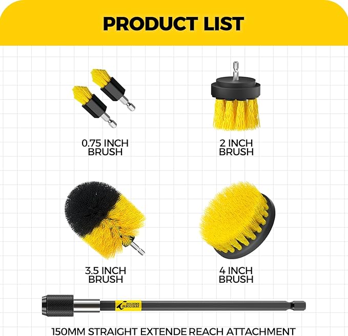 Holikme 6Pack Drill Brush Power Scrubber Cleaning Brush Extended Long Attachment Set All Purpose Drill Scrub Brushes Kit for Grout, Floor, Tub, Bathroom and Kitchen Surface,Scratch Brushes(Yellow)