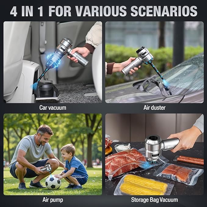 Car Vacuum Portable Cordless 22000PA High Power with Brushless Motor 4-in-1 Compressed Air Duster & Air Blower & Pump Hand Held Vacuum for Car, Home, Office, Ideal Gifts for Men & Women
