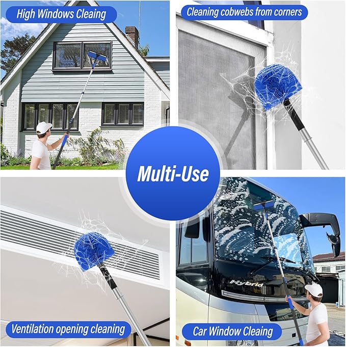 26FT High Window Washing Kit with Extension Pole, 2 in 1 Window Cleaning Squeegee Kit, Cobweb Duster with 5-20FT Telescoping Pole, High Reach Duster Kit for Outdoor, Indoor and Solar Panel Cleaning
