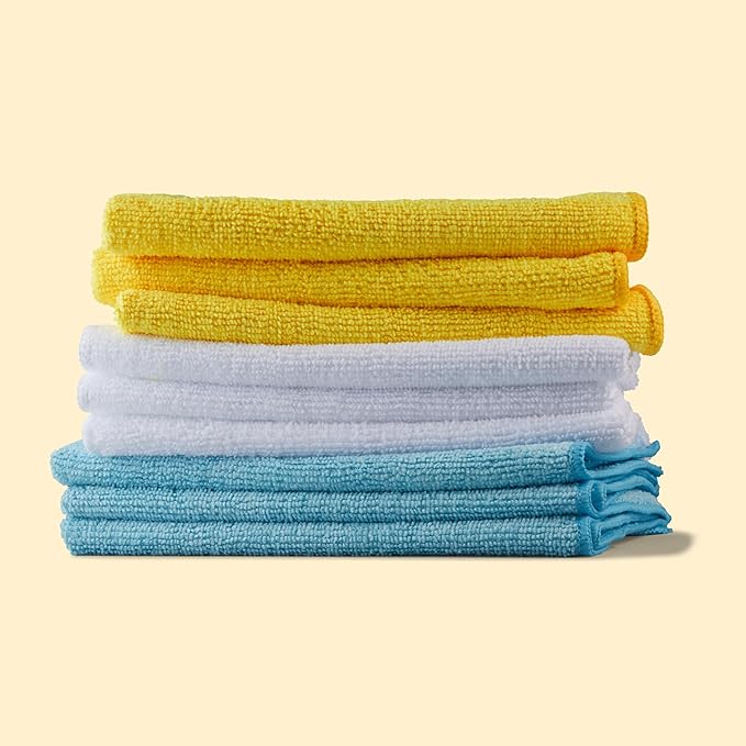 Amazon Basics Microfiber Cleaning Cloths, Ultra Absorbent, Scratch-Free, Highly Absorbent, Non-Abrasive, Reusable and Washable, 16" x 12", Blue/White/Yellow, 36-Pack