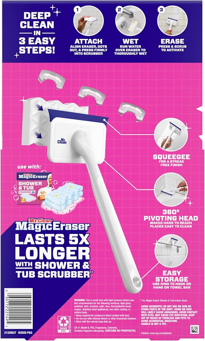 Mr. Clean Magic Eraser Shower & Tub Scrubber, Bathroom Cleaner, All in One Bathroom Cleaner, Lemon Starter Kit, 2 Scrubber, 5 Foaming Magic Erasers, 1 Whole Home Extra Durable Magic Eraser