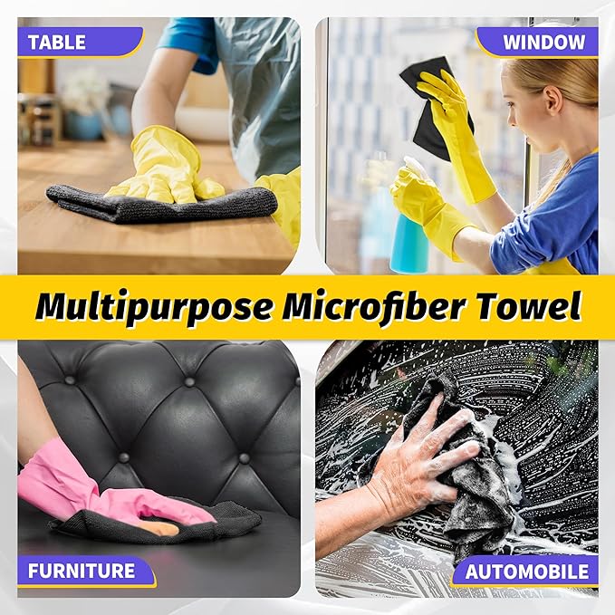 Microfiber Cleaning Cloth, 100 Pack Black Cleaning Rags Microfiber Towel Bulk Absorbent Lint-Free Wash Cloths, All-Purpose Towels for Cars, Shop, Automotive, Garage, Home & Kitchen
