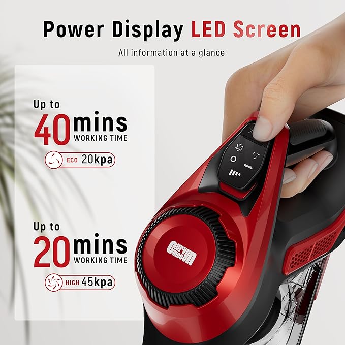 Cordless Vacuum Cleaner for Home, Stick Vacuum 45Kpa, Smart Display & 1.5L Dust Cup, MAX 40mins Runtime, Rechargeable Lightweight Handheld Vavuum for Pet Hair/Carpet/Hardwood Floor/Car (Crimson)