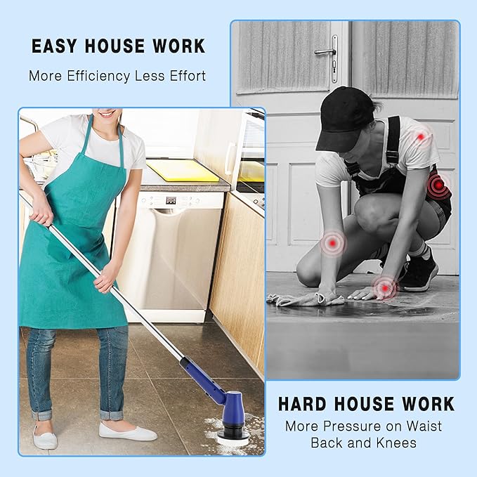 KEROMEE Electric Spin Scrubber Cordless Bathroom Scrubber with Adjustable Long Handle, 2 Speeds Power Cleaning Brush with 7 Replaceable Brush Heads for Bathtub, Tile, Floor (Blue)