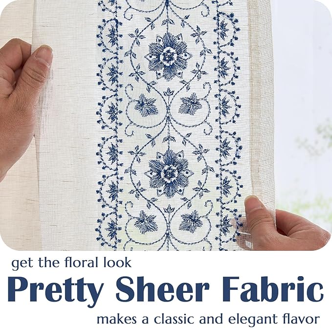 jinchan French Sheer Volie Door Curtain Embroidered Farmhouse Linen Curtain for Patio Door with Tie up Bows Light Filtering for Door Window Closet Rod Pocket 40 Inches 1 Panel Blue on Beige