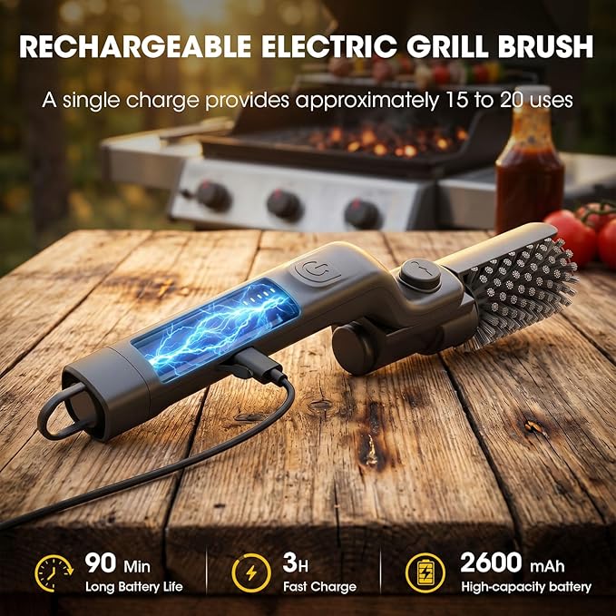 Electric Grill Brush, Electric Grill Cleaner Brush for Outdoor Grill, Cordless Rechargeable BBQ Grill Cleaning Brush, Power Barbecue Grill Brush, Motorized Grill Brush with 3-Speed & Adjustable Angle