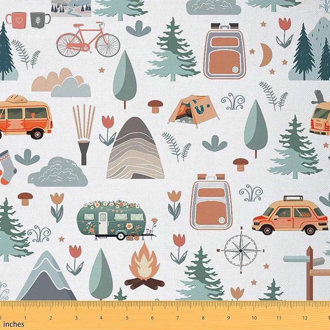 Camper Theme Fabric by the Yard, Happy Camping Upholstery Fabric, Travel Car Rv Accessories Decorative Fabric, Botanical