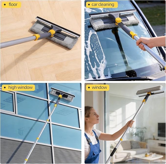 Masthome 77" Window Squeegee with Stainless Steel Pole, 2-in-1 Professional Window Cleaning Kit, 180° Lockable Rotating Head, Streak-Free Scrubber for High Window, Car Windshield, Indoor Outdoor Glass
