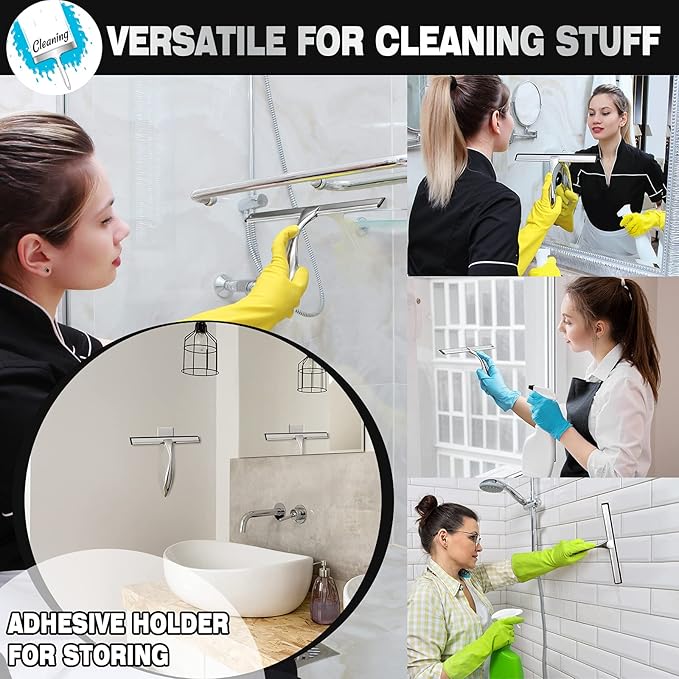 NETANY Shower Squeegee, 14-Inch Silver Squeegee, All-Purpose Stainless Steel Squeegee for Bathroom, Shower Doors, Mirrors, Tiles and Car Windows - 100% Streak Free