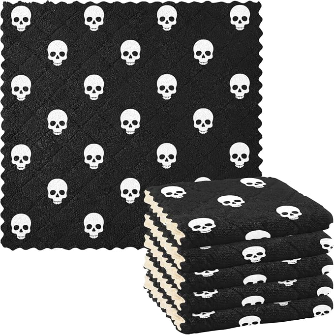 CaTaKu Black Dead Skull Kitchen Dish Cloths, Reusable Dish Rags for Washing Dishes, Microfiber Cleaning Cloths Dish Towe