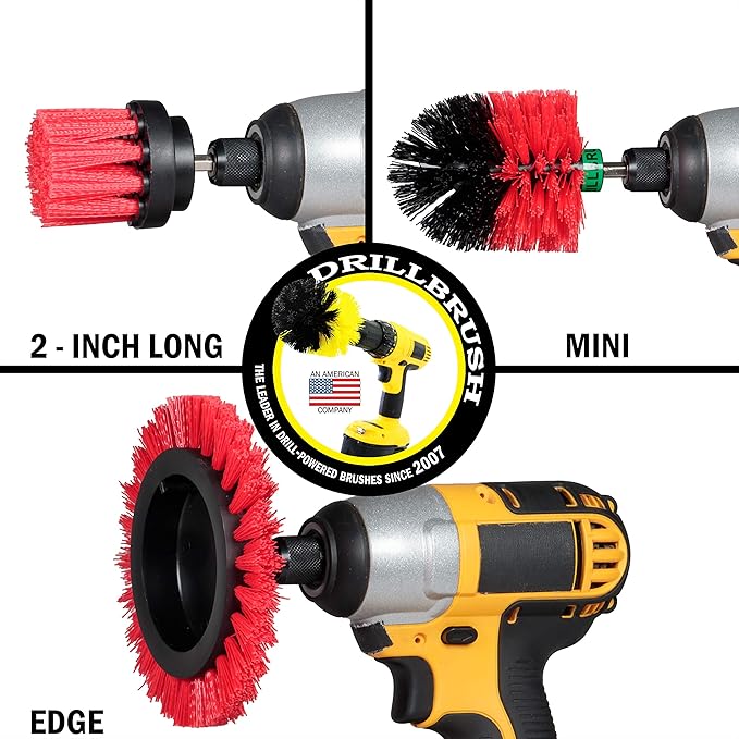 Red Stiff 3 Piece Outdoor Power Scrubber Brush Kit - Garden Patio Scrubbing Tool - Deck Cleaning Brush Set - Concrete Scrubbing Tool Set - Brick and Stone Outdoor Scrubber Kit