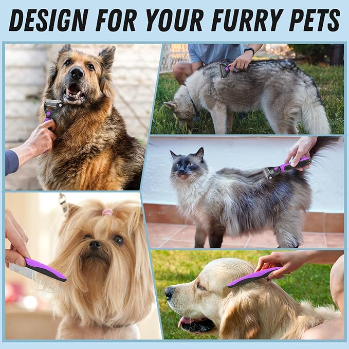 Docrok Pet Grooming Brush and Metal Comb Combo - Undercoat Rake for Dematting and Deshedding Long Matted Haired Dogs and Cats, Purple