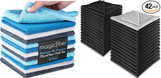 MagicFiber 42 PK - 12 Household Microfiber Cleaning Cloths + 30 Glasses Microfiber Cleaning Cloths - Premium Kitchen Tow