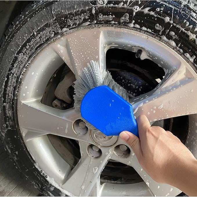 Wheel & Tire Brush for Car Rim, Soft Bristle Car Wash Brush, Cleans Tires & Releases Dirt and Road Grime, Short Handle for Easy Scrubbing Blue