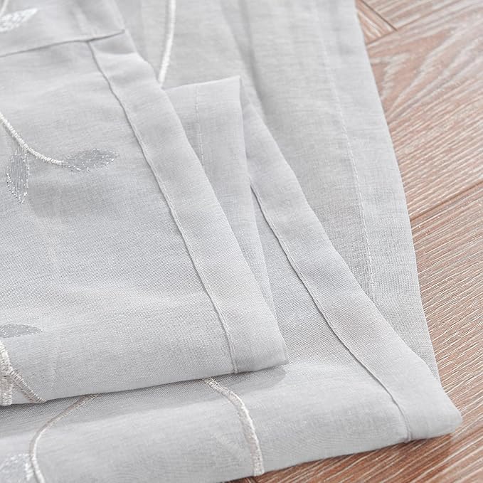 jinchan Sheer Door Curtain 40 Inches Grey Floral Embroidered Semi-Sheer Embroidery Voile Floral French Door Curtain Light Filtering Drape Rod Pocket 1 Panel Gray