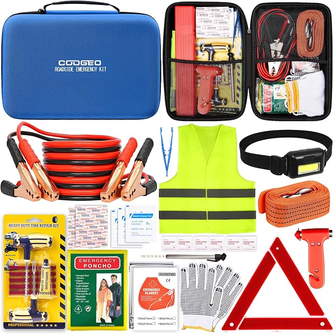 15PC Car Emergency Kit with Jumper Cables, First Aid, Blue