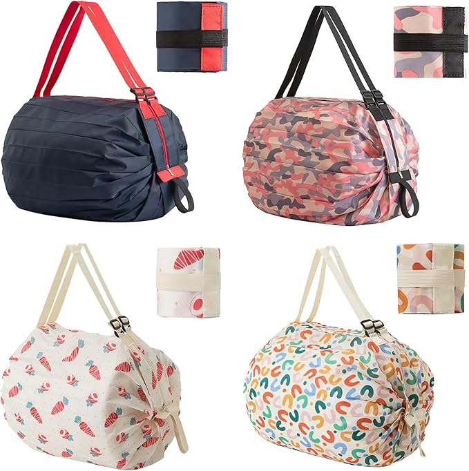 Foldable Reusable Shopping Bags 210D Nylon Waterproof Grocery Tote Travel Duffel Bag with Zipper & Adjustable Strap