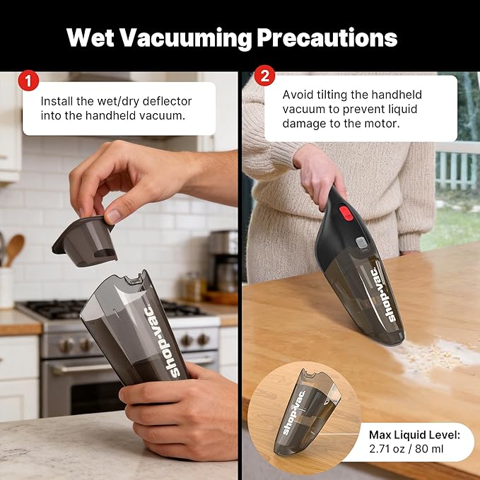 Shop-Vac Wet/Dry Handheld Vacuum Cordless, Powerful Portable Car Vacuum Rechargeable, Wall-Mounted Hand Vac with Crevice Tool, Lightweight Hand Vacuum for Home & Car, Washable Filter, Black