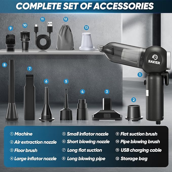 Saker Portable Car Vacuum Cordless 20000Pa 6 in 1 Multifunctional Adjustable Small Handheld Vacuum 7800mAH with Brushless Motor for Gifts, Car Home and Office SW-102