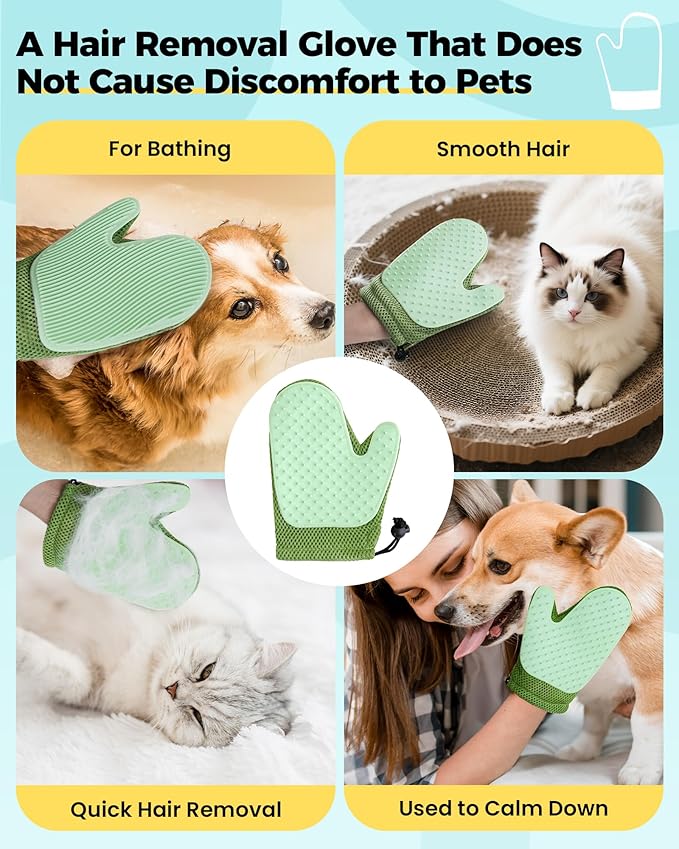 Carpet Rake for Pet Hair Removal Tool - 4 in 1 Pet Hair Remover Kit for Dog Cat Fur Remover, Contain 60" Adjustable Rubber Broom, Glove, Magic Brush and Scraper for Furniture (Blue)