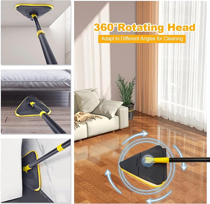 Newly Upgraded Wall Mop with 82 Inches Long Handle, 180° Folding Wall Cleaner Triangle Mop with Squeegee, 3-in-1 Ceiling Cleaning Tool with 6 Replacement Pads for Wall, Baseboards, Ceiling, Floor