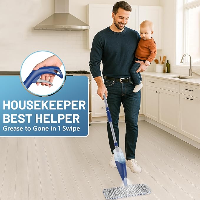 Papclean Spray Mops for Floor Cleaning: Double Sided Dust Mop for Hardwood Wood Tile Floor with Reusable Microfiber Pads - Wet Dry Kitchen Bathroom Cleaning