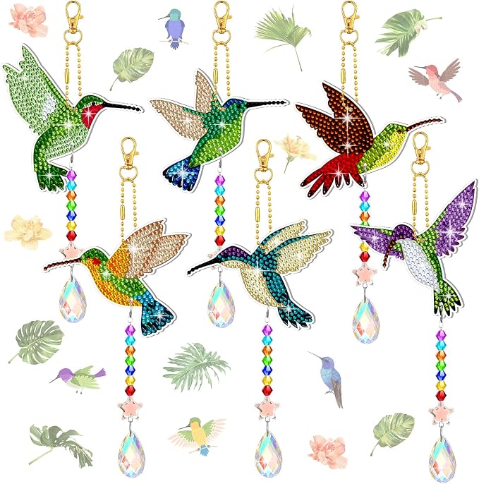 Tradder 6 Pcs Diamond Art Painting Rhinestone Hummingbird Wind Chimes Birds Art Kits for Adults Diamond Summer Decor Sun