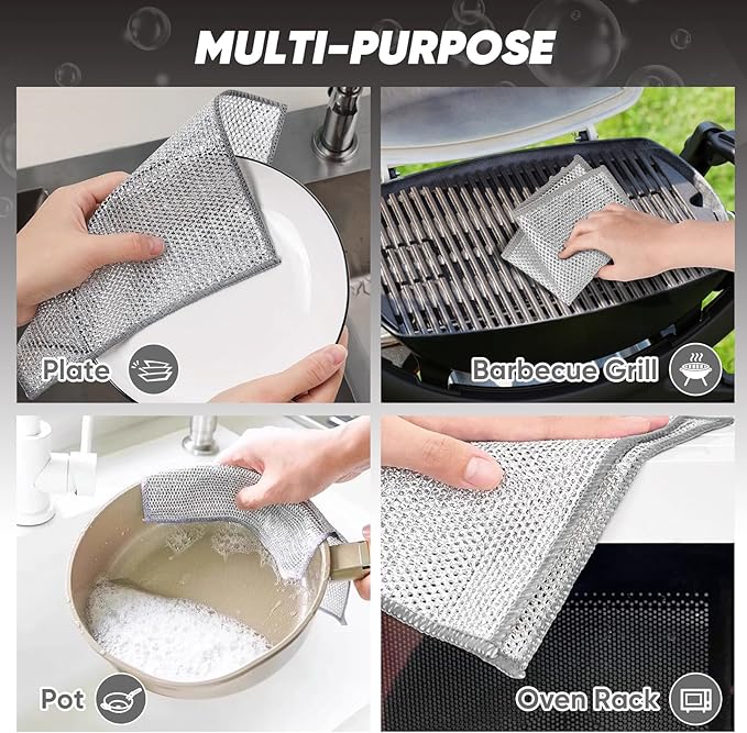 Orighty Multipurpose Wire Dishwashing Rag, 48 Pcs Non-Scratch Wire Dish Cloths for Wet and Dry, Reusable Steel Scrubber Dish Rags for Kitchen, Cookware, Stove Cleaning, 7"x8", Silver